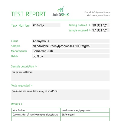 Nandrolone phenylpropionate ( NPP ) Manufacturer: Somatrop-Lab Pack: 10 ml/vial ( 100 mg/ml )